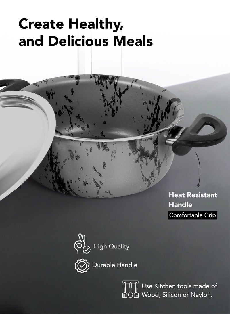 جراندي طقم قدور و مقلايه مطلية بالجرانيت بأسطح مانعة للالتصاق ومقابض باكليت  وأغطية من الستانلس ستيل المقوى وخالية من حمض بيرفلورو الأوكتانويك من 7 قطع رمادي ماريل   16+20+26+20 cm - Image 4